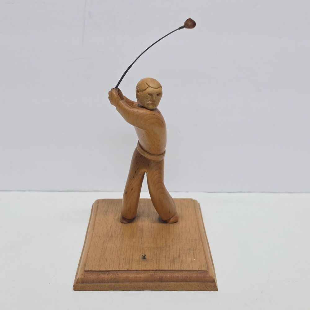 Vintage 80s GOLFER Wooden Figurine Sculpture Handcarved Gift